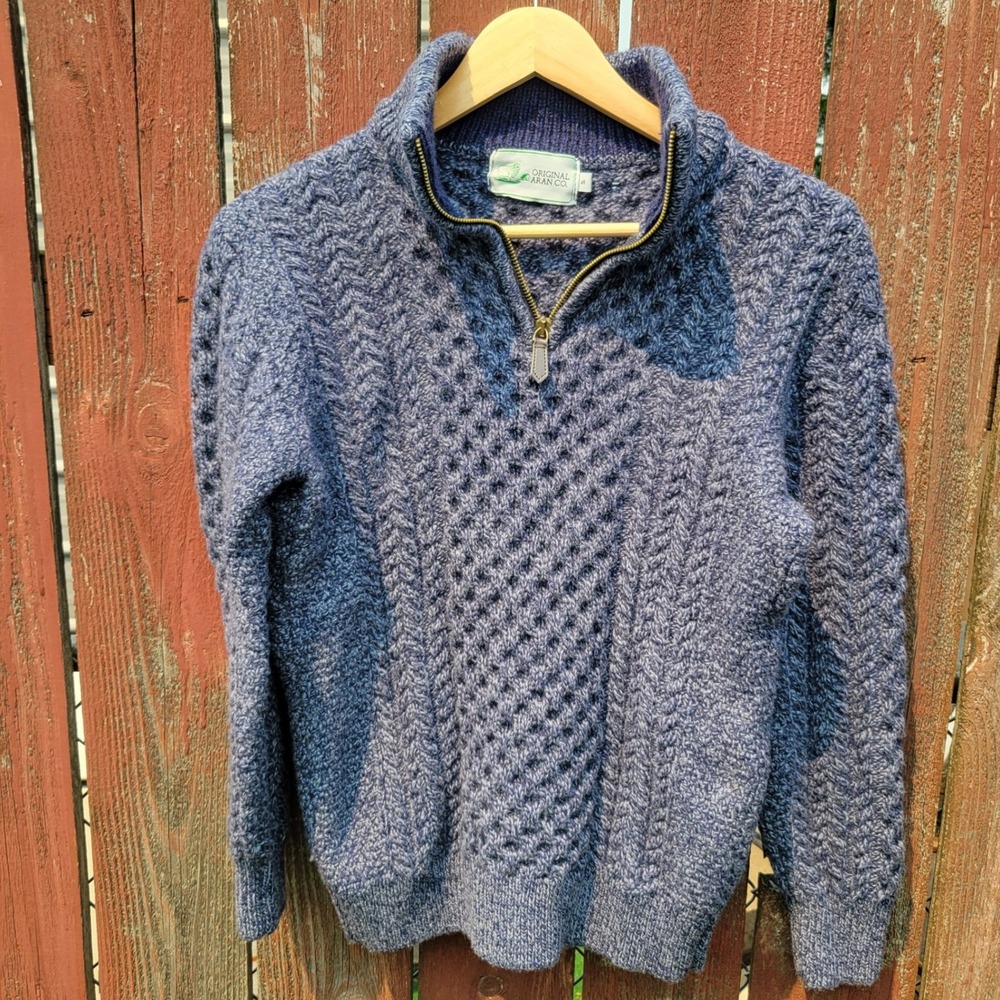 Original Aran Co Blue Merino Wool Quarter Zip Cable Knit Sweater Mens S